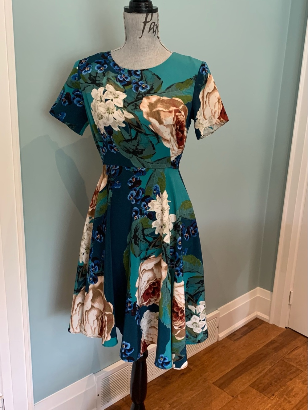 Floral Fit-and-Flare Dress in Teal with Cream Roses